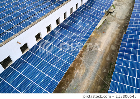 Aerial view of solar power plant with blue photovoltaic panels mounted on industrial building roof for producing green ecological electricity. Production of sustainable energy concept. Aerial view of solar power plant with blue photovoltaic panels mounted on industrial building roof for producing green ecological electricity. Production of sustainable energy concept. 115800545