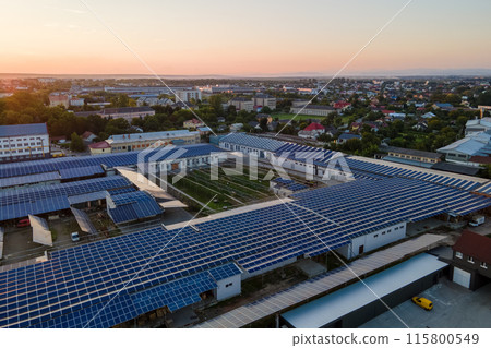 Aerial view of blue photovoltaic solar panels mounted on industrial building roof for producing green ecological electricity. Production of sustainable energy concept 115800549