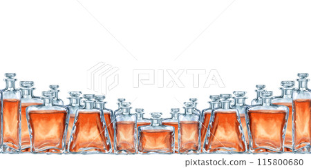 Seamless border of vintage glass bottles with brown liquid with a glass stopper. Watercolor illustration of liqueur, amaretto, perfume, aromatic oils for aromatherapy, alcohol, alchemy, drinks Seamless border of vintage glass bottles with brown liquid with a glass stopper. Watercolor illustration of liqueur, amaretto, perfume, aromatic oils for aromatherapy, alcohol, alchemy, drinks 115800680