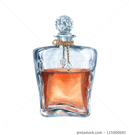 Craft vintage glass bottle with brown liquid with a glass stopper. Watercolor illustration of liqueur, amaretto, perfume, aromatic oils for aromatherapy, alcohol, alchemy, drinks, cooking 115800685