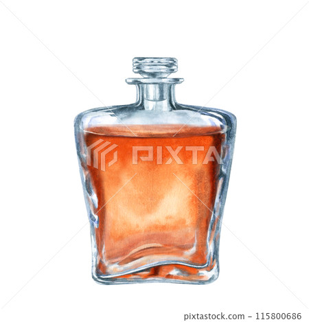 Craft vintage glass bottle with brown liquid with a glass stopper. Watercolor illustration of liqueur, amaretto, perfume, aromatic oils for aromatherapy, alcohol, alchemy, drinks, cooking Craft vintage glass bottle with brown liquid with a glass stopper. Watercolor illustration of liqueur, amaretto, perfume, aromatic oils for aromatherapy, alcohol, alchemy, drinks, cooking 115800686