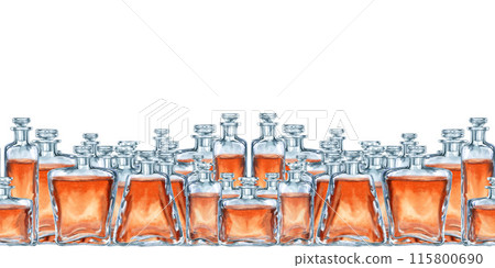 Seamless border of vintage glass bottles with brown liquid with a glass stopper. Watercolor illustration of liqueur, amaretto, perfume, aromatic oils for aromatherapy, alcohol, alchemy, drinks 115800690