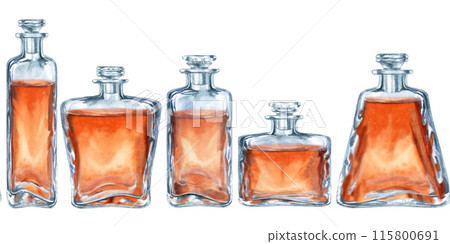 Seamless border of vintage glass bottles with brown liquid with a glass stopper. Watercolor illustration of liqueur, amaretto, perfume, aromatic oils for aromatherapy, alcohol, alchemy, drinks Seamless border of vintage glass bottles with brown liquid with a glass stopper. Watercolor illustration of liqueur, amaretto, perfume, aromatic oils for aromatherapy, alcohol, alchemy, drinks 115800691