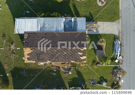 Collapsed and damaged mobile homes after hurricane Ian swept through Florida residential area. Consequences of severe natural disaster Collapsed and damaged mobile homes after hurricane Ian swept through Florida residential area. Consequences of severe natural disaster 115800696