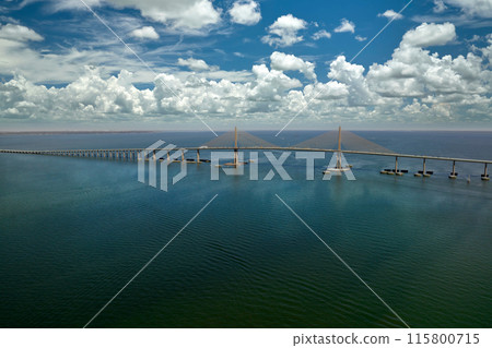 Sunshine Skyway Bridge over Tampa Bay in Florida with moving traffic. Concept of transportation infrastructure 115800715