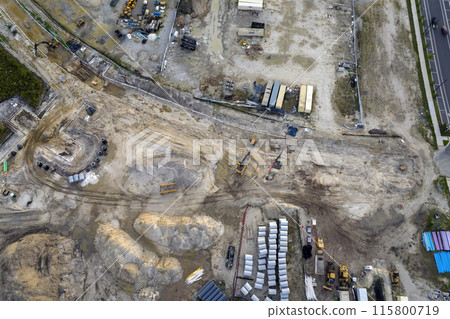 Prepared for building works construction site with many equipment in american rural area. Development of residential housing in US suburbs Prepared for building works construction site with many equipment in american rural area. Development of residential housing in US suburbs 115800719