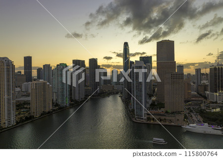 Evening urban landscape of downtown district of Miami Brickell in Florida, USA. Skyline with dark high skyscraper buildings in modern american megapolis 115800764