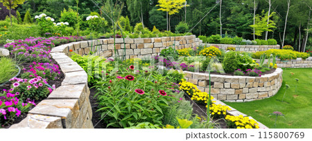 Landscaped home garden with terraces and rocks, beautiful design of luxury house backyard, stone retaining walls in summer. Concept of landscaping, back yard, plants, flower 115800769