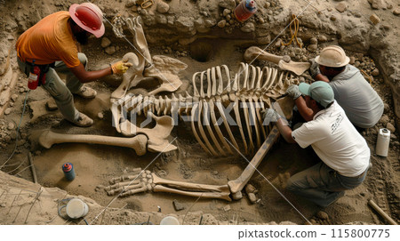 Archaeologists work with ancient giant human skeleton at excavation site, fiction view of fossil remains. Concept of dig, archeology, mystery, secret, history 115800775