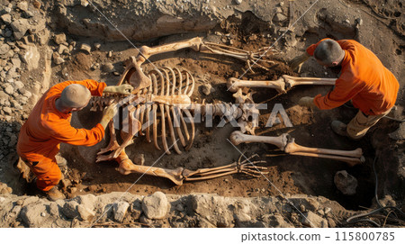 Huge skeleton of giant human at archaeological site, scientists dig and clean fossil bones. Theme of archeology, mystery, excavation, grave, unknown, 115800785