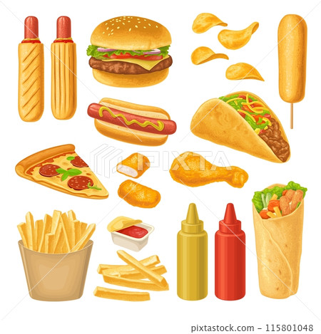 Set fast food icon. Vector color realistic illustration 115801048
