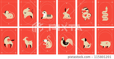Chinese horoscope zodiac collection, geometric minimalist style. Animals symbols of Chinese New year 115801201