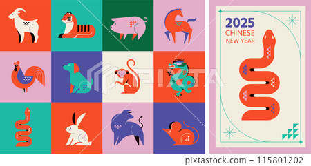 Chinese horoscope zodiac collection, geometric minimalist style. Animals symbols of Chinese New year 115801202