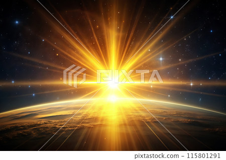 The sun shines brightly over the earth, casting its warm glow across the planet The sun shines brightly over the earth, casting its warm glow across the planet 115801291