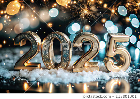 Numbers read 2025 on the snowy ground with fireworks in the background 115801301