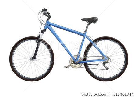 Blue bicycle, side view isolated on white background, 3D illustration Blue bicycle, side view isolated on white background, 3D illustration 115801314