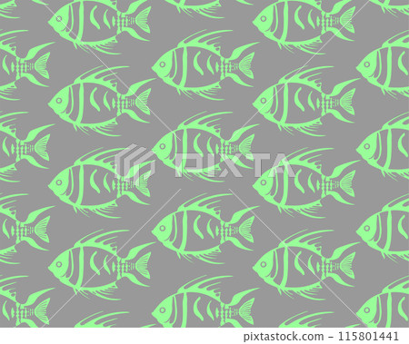simple seamless pattern of green graphic fish on a gray background, texture, design 115801441