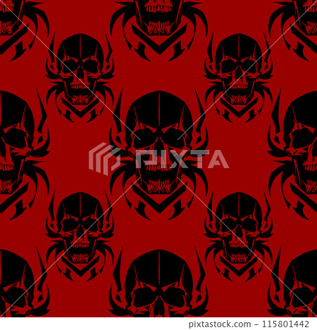 seamless symmetrical pattern of black human skulls on a red background, texture, design 115801442