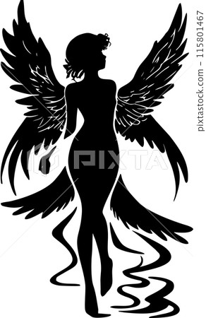 simple black graphic drawing of woman silhouette with wings, logo, tattoo 115801467
