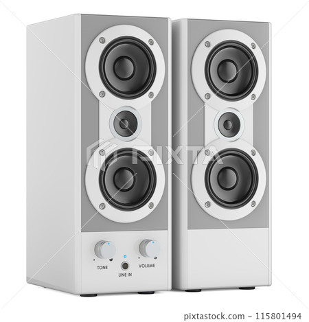White Bookshelf Speakers, 3D rendering White Bookshelf Speakers, 3D rendering 115801494