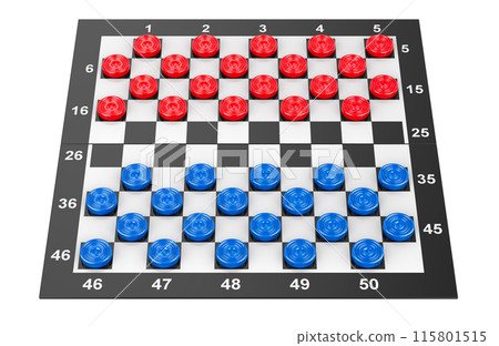 International checkers game board with blue and red pieces. 3D rendering 115801515