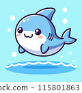 Delightful illustration of a cute shark in kawaii style, exuding charm with its big, bright eyes and cheerful expression. Ideal for childrens products, ocean-themed projects, and fun graphic designs 115801863