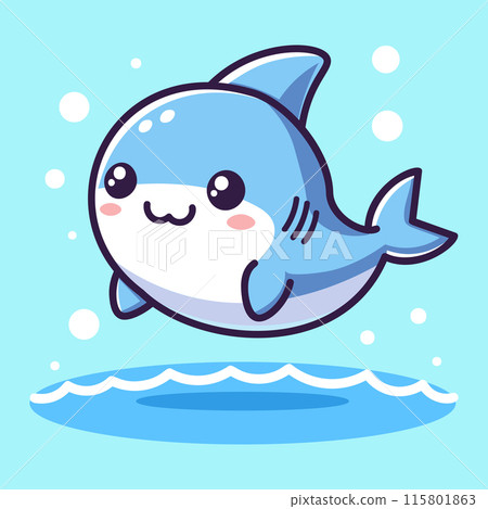 Delightful illustration of a cute shark in kawaii style, exuding charm with its big, bright eyes and cheerful expression. Ideal for childrens products, ocean-themed projects, and fun graphic designs Delightful illustration of a cute shark in kawaii style, exuding charm with its big, bright eyes and cheerful expression. Ideal for childrens products, ocean-themed projects, and fun graphic designs 115801863