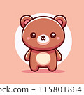Charming illustration of a cute teddy bear in kawaii style, featuring large eyes and a sweet expression. Perfect for childrens products, greeting cards, and playful graphic designs. Endearing and 115801864
