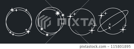 Minimalist Y2k figures. Abstract y2k aesthetic round shapes, circle shapes with stars and sparkles, geometric design frames flat vector illustration set. Trendy modern Y2k frames 115801895