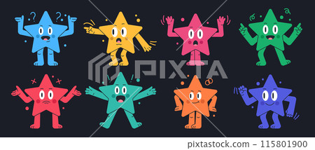 Star shapes for math school learning. Comic geometric star characters with funny emotions flat vector illustration set. Funny star mascots with various emotions Star shapes for math school learning. Comic geometric star characters with funny emotions flat vector illustration set. Funny star mascots with various emotions 115801900
