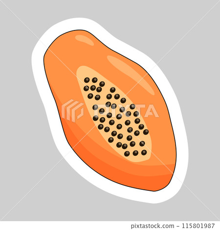 Sticker with ripe papaya fruit in cut, cartoon style summer fruit vector Sticker with ripe papaya fruit in cut, cartoon style summer fruit vector 115801987