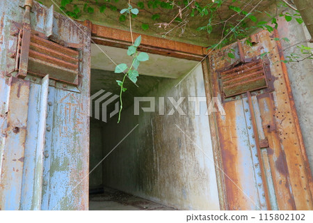 對馬島（長崎縣）豆崎砲台遺址：彈藥庫入口處的氣密金屬鐵門 115802102