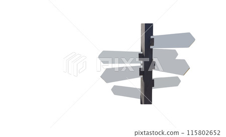 A cutout of a white direction sign with copy space pointing to various places on a white background. 115802652