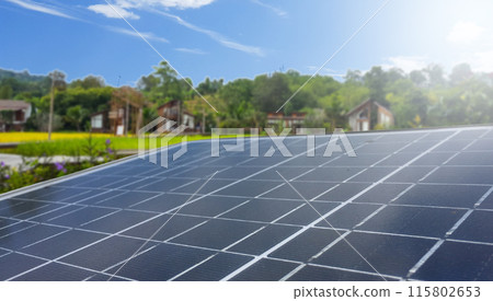 Solar panels set against a backdrop of trees and a vibrant blue sky. 115802653