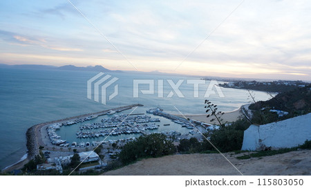 View of the harbor and sunset from a viewpoint in Sidi Bou Said [Tunisia] 115803050