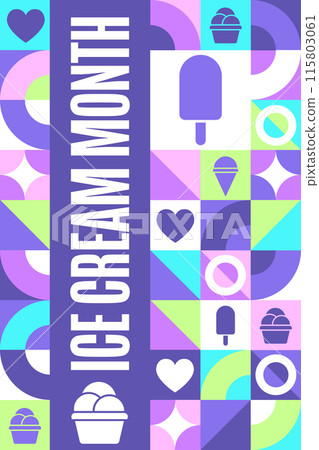 July is National Ice Cream Month. Holiday concept. Template for background, banner, card, poster July is National Ice Cream Month. Holiday concept. Template for background, banner, card, poster 115803061