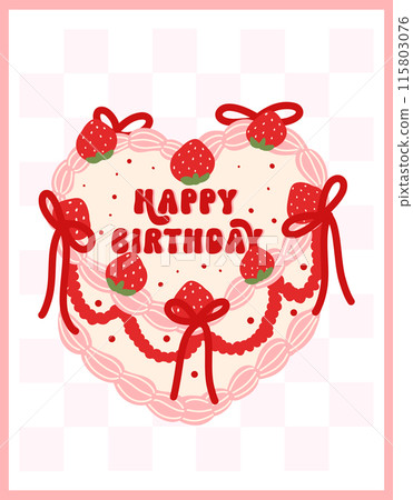 Coquette Vintage Birthday Heart shape Cake Strawberries with ribbon bow Illustration Groovy Retro Design. Coquette Vintage Birthday Heart shape Cake Strawberries with ribbon bow Illustration Groovy Retro Design. 115803076