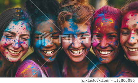 Five Happy multiracial girlfriends with colorful faces celebrating Holi festival of colors 115803096