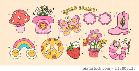 Retro groovy Spring flower power vintage 90s item with flower collection doodle line drawing 115803125