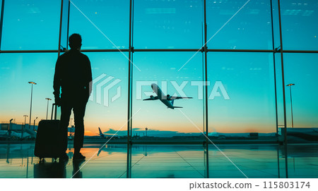 旅客看著起飛的飛機,商務旅行的形象 旅客看著起飛的飛機,商務旅行的形象 115803174