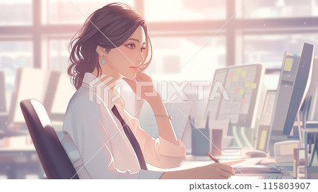 一位女商人在寬敞漂亮的辦公室裡思考 115803907