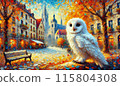 White owl and autumn European cityscape 115804308