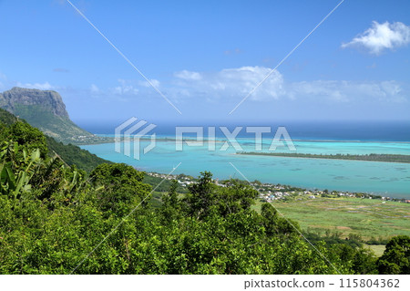 View of the lagoon and Mount Le Morne from the observation deck in Chamarel village, Black River, Mauritius, the Lady of the Indian Ocean 115804362