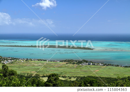 View of the lagoon and Mount Le Morne from the observation deck in Chamarel village, Black River, Mauritius, the Lady of the Indian Ocean 115804363