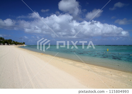 Mauritius, the Lady of the Indian Ocean: The beaches and blue sea of the Brabant Peninsula, a resort town at the foot of Mount Le Morne, a World Heritage Site 115804993