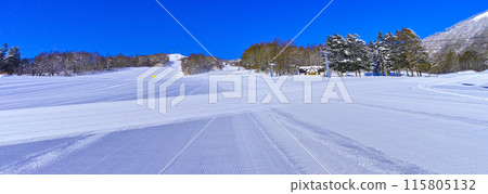 留壽都滑雪場西區維護良好的滑雪場在清晨的陽光下閃閃發光。 留壽都滑雪場西區維護良好的滑雪場在清晨的陽光下閃閃發光。 115805132
