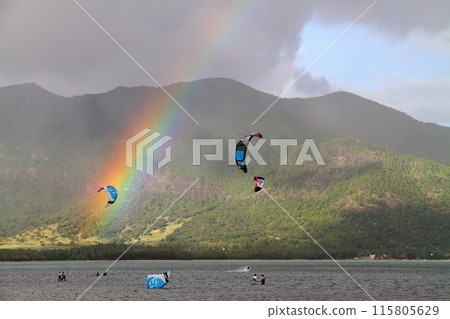 Mauritius, the Lady of the Indian Ocean: A rainbow appears in the lagoon of the Brabant Peninsula, a resort town at the foot of Mount Le Morne, a World Heritage Site Mauritius, the Lady of the Indian Ocean: A rainbow appears in the lagoon of the Brabant Peninsula, a resort town at the foot of Mount Le Morne, a World Heritage Site 115805629