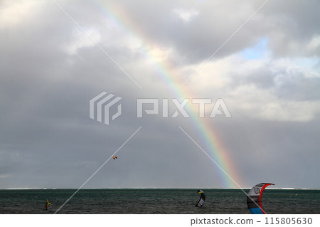 Mauritius, the Lady of the Indian Ocean: A rainbow appears in the lagoon of the Brabant Peninsula, a resort town at the foot of Mount Le Morne, a World Heritage Site Mauritius, the Lady of the Indian Ocean: A rainbow appears in the lagoon of the Brabant Peninsula, a resort town at the foot of Mount Le Morne, a World Heritage Site 115805630