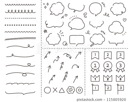 Vector illustration set of decorative illustrations such as speech bubbles, frames, arrows, ranking icons 115805920