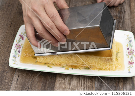 Pudding is complete. Freshly made. Finished. Cut. 115806121